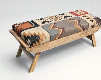 Kelimbank - vintage boho-zittafel, gestoffeerde kelim-poef, rustieke opklapbare bank 120 cm