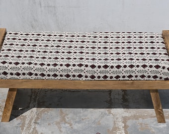 Handmade Block Print Cotton Bench, Upholstered Wooden Bench, Geometric Boho Entryway Seating, Rustic Bedroom End of Bed Ottoman Stool