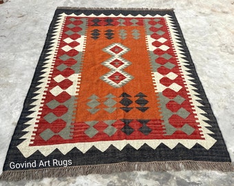 5x8 , 6x9 , 8x10, 9x12 Rug, Handwoven, Wool and Jute Rug Handmade, Kilim Dhurrie Rug, Traditional Indian/WOOL JUTE RUGS, Boho Rug, Oriental