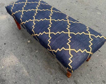 Otomana Kilim India - Banco Kilim Plegable - Banco de Pasillo con Caja Azul y Dorada, Banco con Alfombra de Algodón Puro Fino, Banco Tapizado