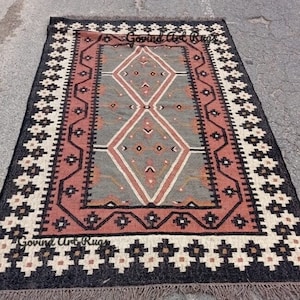 Handwoven Wool Jute Kilim Rug, Wool Jute Rug, Kilim Jute Rug, Flatweave Rug, Bohemian Rug, Indian Dhurrie Rug, Navajo Kilim Rug, Custom Rug