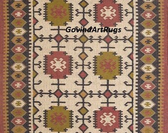 Handmade 8x10 Ft  Rug, Wool Jute Kilim Rug, Kilim Dhurrie, Vintage Rug, Traditional Indian jute Area rug, Custom Size Rug, Wool Jute Rug