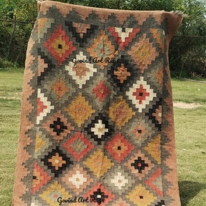 Kilim Rug, Handwoven, Wool and Jute Rug Handmade, Kilim Dhurrie Rug, Traditional Indian jute Area rug