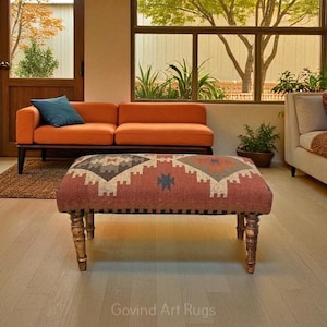 Kilim Rug Bench, Ottoman Upholstered Bench, Handmade Furniture, Footstool Bench, Aztec Bench, Farmhouse Decor, Entry Bench, BENCH