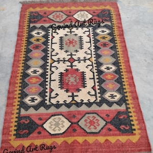 Kilim Rug, Handwoven, Wool and Jute Rug Handmade, Kilim Dhurrie Rug, Traditional Indian/WOOL JUTE RUGS