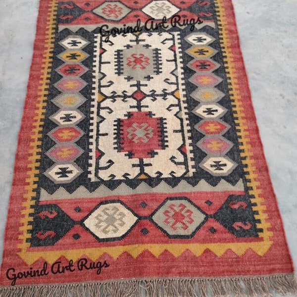 Kilim Rug, Handwoven, Wool and Jute Rug Handmade, Kilim Dhurrie Rug, Traditional Indian/WOOL JUTE RUGS