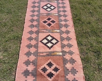 Alfombra Kilim Runner, Corredor de yute de lana hecho a mano, Alfombra rosa claro Corredor ecológico, Corredor Kilim vintage/Alfombra de tamaño personalizado 2.6x20,2.6x28 Ft Runner