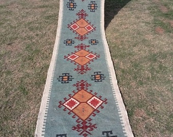 Alfombra Kilim multicolor, hecha a mano, artesanal, tradicional india, tejida a mano, de yute y lana natural, Sky Kilim Runner, alfombra de corredor, tejido plano