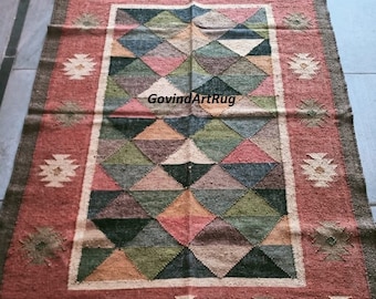 Wool Jute Kilim Rug, Handwoven Wool Jute Rug, Kilim Jute Rug, Flatweave Rug,Bohemian Rug, Indian Dhurrie Rug,Navajo Kilim Rug, Customize Rug