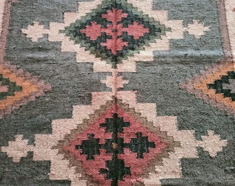 Handwoven Wool Jute Kilim Rug, Green Dhurrie Carpet, Custom Size