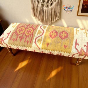 Wool Jute Wood Ethnic Handcrafted Kilim Bench in Multi Colour,  Kilim Ottoman Sitting Bench, urkish Rug Bench, Bedroom Seat, Entry Seat,