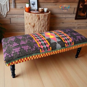 Vintage Kilim Rug Bench, Ottoman Upholstered Bench, Handmade Furniture, Footstool Bench, Aztec Bench, Farmhouse Decor, Wool Jute Rug Bench