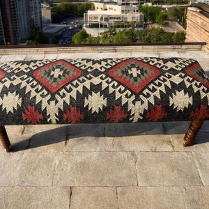 Handwoven Geometric Pattern Wool Jute Rug Bench, Kilim Upholstered Bench, Boho Vintage Home Decor Sitting Table