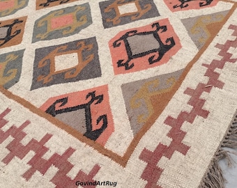 Vintage wollen jute kelimtapijt, handgemaakt, wol- en jutetapijt handgeweven, kelim dhurrie-tapijt, tapijten aangepast formaat, traditioneel Indiaas jutetapijt