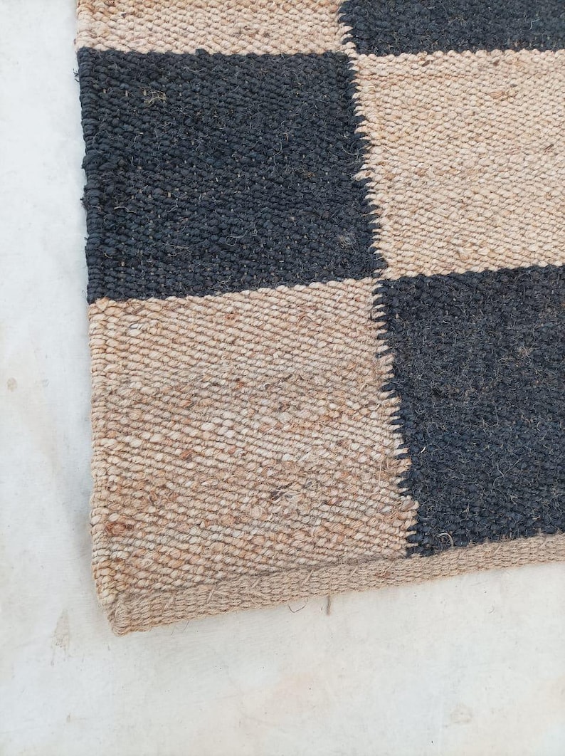 Beige and Black Box Hemp Area Rug Jute Rug Ecofriendly Rug Vintage Jute