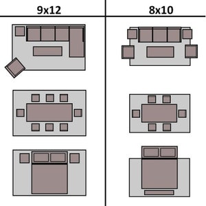 May include: Diagram showing how to arrange furniture on a 9x12 foot rug and an 8x10 foot rug. The furniture includes a sofa, chairs, a coffee table, a dining table, and a bed.