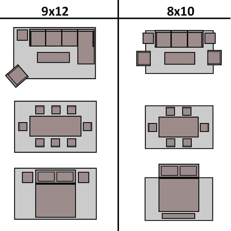 May include: Diagram showing how to arrange furniture on a 9x12 foot rug and an 8x10 foot rug. The furniture includes a sofa, chairs, a coffee table, a dining table, and a bed.