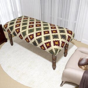 Handmade Wool Kilim Bench - Boho Ottoman, Rustic EntrywaySeating, Vintage Style Furniture, Upholstered Wooden Bench