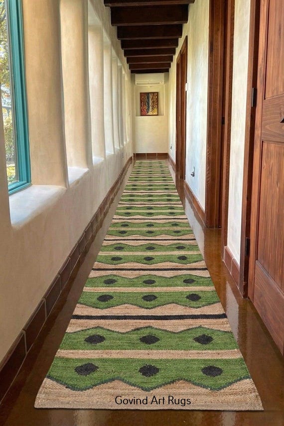 Handmade Green Hemp Jute Runner - Tufted Geometric Hallway Rug - 2x6 2x10 2x20 Custom Size Stair Runner - Natural Fiber Boho Area Rug