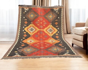 Handmade Rug - Vintage Wool Jute Kilim Dhurrie, Handwoven Indian Area Rug for Living Room Décor, Southwestern Large Wool Jute Rug