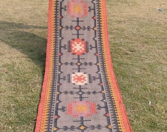 Kilim runner Handwoven Wool Jute Rug Handmade Kilim Dhurrie Rug, Motifs Oriental Traditional Indian Geometric Turkish Home decor