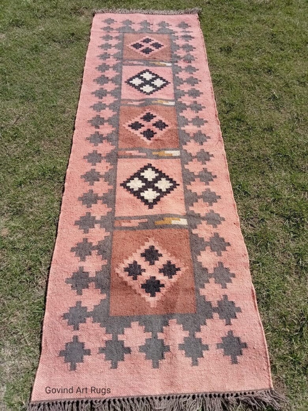 Kilim Runner Rug, Handmade Wool Jute Runner, Light Pink Rug Eco