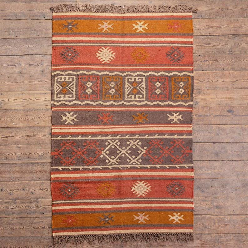 Kilim Rug, Handwoven, Wool and Jute Rug Handmade, Kilim Dhurrie Rug, Traditional Indian jute Area rug