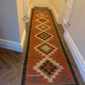 Handmade Kilim Runner, Multicolor Jute Rug wool rug Kilim Dhurrie traditional , Custom Runner,2.5x22,2.5x26,2.5x30 Feet. Stair Red Runner zdjęcie 5