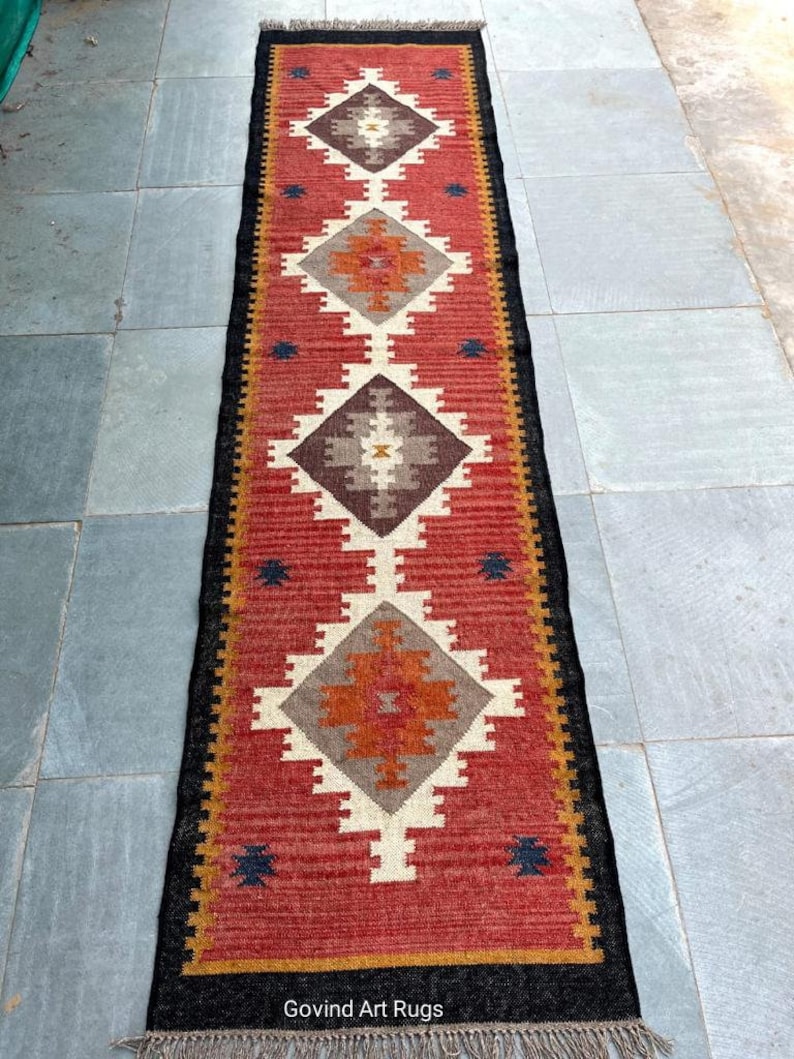 Handmade Kilim Runner, Multicolor Jute Rug wool rug Kilim Dhurrie traditional , Custom Runner,2.5x22,2.5x26,2.5x30 Feet. Stair Red Runner zdjęcie 6