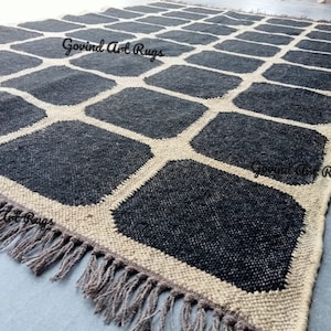 White Black Kilim Rug,Handwoven,Wool and Jute Rug Handmade, Kilim Dhurrie Rug, Motifs, Oriental, Traditional Indian, Geometric, Turkish,Home