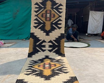Alfombra Kilim vintage hecha a mano, de yute y lana, tejida a mano, con motivos orientales, tradicionales, indios, geométricos y turcos.