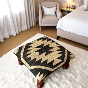 High-End handgemachter Kelim gepolsterter Fußhocker | Traditionelle Wolle Jute Akzent für Wohnzimmer Dekorative Wohnkultur
