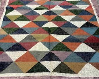 Kilim Rug, Bohemian Indian Jute Rug, Moroccan Rug, Handwoven Wool Jute Rug, Boho Jute Rug Southwestern Nordic Multicolor Kilim Rug