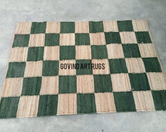 Natural And Green Check Jute Rug | Handmade Living\Dining AREA RUG | Jute Runner Rug | Custom Size Rug | Boho Rugs