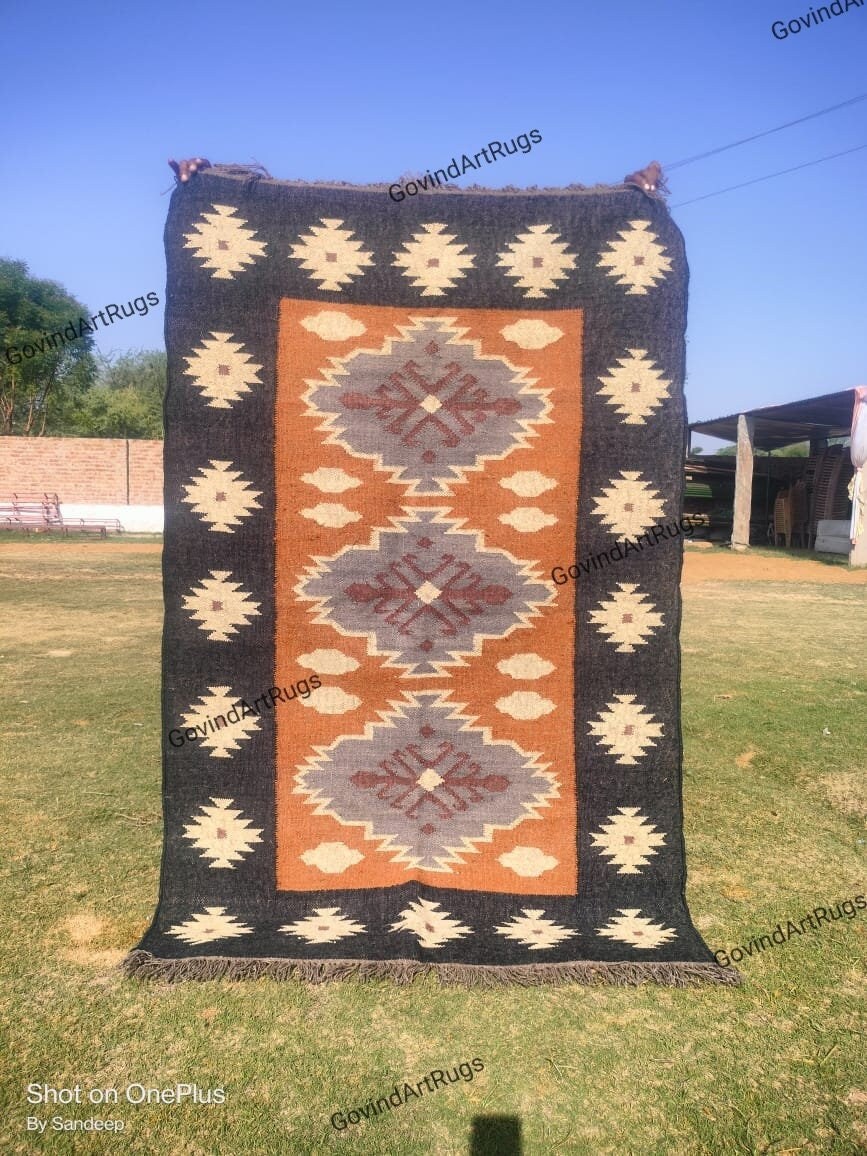 Handgeweven jute kelimtapijt, wollen jutetapijt, wollen kelimtapijt, karpet, vintage kelimtapijt, boho area ug, Turks kelimtapijt, Navajo-tapijt, vloerkleed