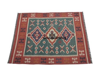 Wool And Jute Handwoven KILIM RUG, green Wool Jute Kilim Rug, Handmade Kilim Dhurrie Rug, Bohemian Kilim Rug, Turkish Kilim Rug, Custom Rug