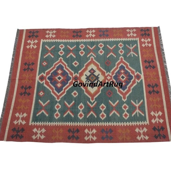 Wool And Jute Handwoven KILIM RUG, green Wool Jute Kilim Rug, Handmade Kilim Dhurrie Rug, Bohemian Kilim Rug, Turkish Kilim Rug, Custom Rug