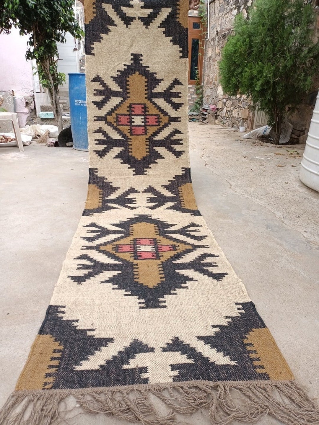 Handmade Kilim Runner Rug for Stair Decor/ Handwoven Wool and Jute