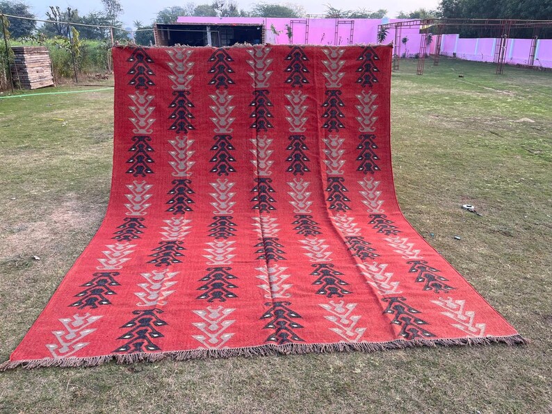 8x10, 9x12 Ft Handmade Wool Jute Rug, Navajo Kilim Rug, Aztec Rug