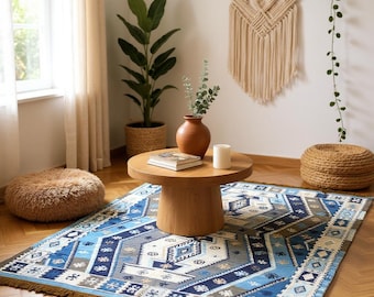Wool Area Rug, Modern 8x10 Ft Wool Rug, Blue Wool Bedroom Rug for living room and Bedroom, Indoor Rug, Handwoven Wool Rug, Custom Wool Rug