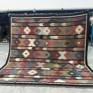 Handmade Large Kilim Rug, Handwoven, Wool and Jute Rug Handmade, Kilim Dhurrie Rug, Motifs, Oriental, Traditional Indian, Geometric, Turkish