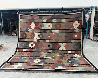 Alfombra Kilim grande hecha a mano, tejida a mano, de lana y yute, Kilim Dhurrie, motivos orientales, tradicionales indios, geométricos y turcos.