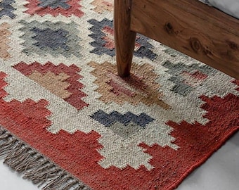 Kilim Rug, Bohemian Indian Jute Rug, Moroccan Rug, Handwoven Wool Jute Rug, Boho Jute Rug Southwestern Nordic Kilim Rug, Turkish Kilim