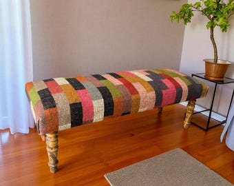 veelkleurige woljute kelimbank, BOHO-entreebank, vintage geometrische wooen SEATING-bank, kelim-poef, op maat beschikbaar