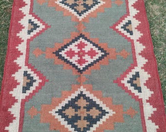 Kilim Rug, Handwoven, Wool and Jute Rug Handmade, Kilim Dhurrie Rug, Traditional Indian jute Area rug