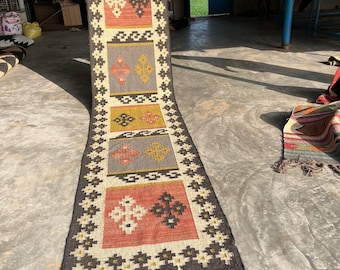 Kilim Runner Rug For Hallway Decor, Handwoven Wool And Jute Runner,Boho Decor Rug, Flatweave Kilim Runner, Vintage Kilim Rug, Custom Runner