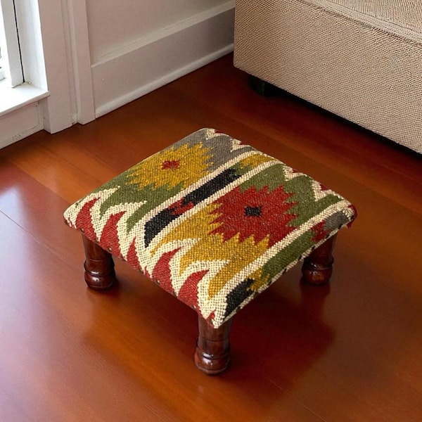 Handmade Small Kilim Footstool - Upholstered Footrest & Bed Step for Stylish Home Decor - Perfect for Living Room, Bedroom, or Entryway"