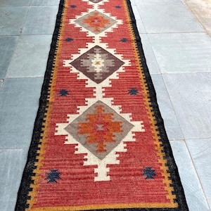 Handmade Kilim Runner, Multicolor Jute Rug wool rug Kilim Dhurrie traditional , Custom Runner,2.5x22,2.5x26,2.5x30 Feet. Stair Red Runner zdjęcie 8