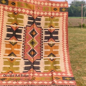 Kilim Rug, Handwoven, Wool and Jute Rug Handmade, Kilim Dhurrie Rug, Traditional Indian jute Area rug