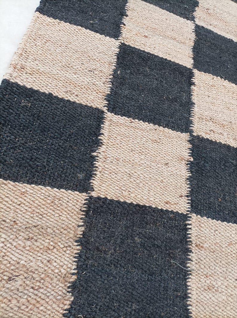 Beige and Black Box Hemp Area Rug Jute Rug Ecofriendly Rug Vintage Jute